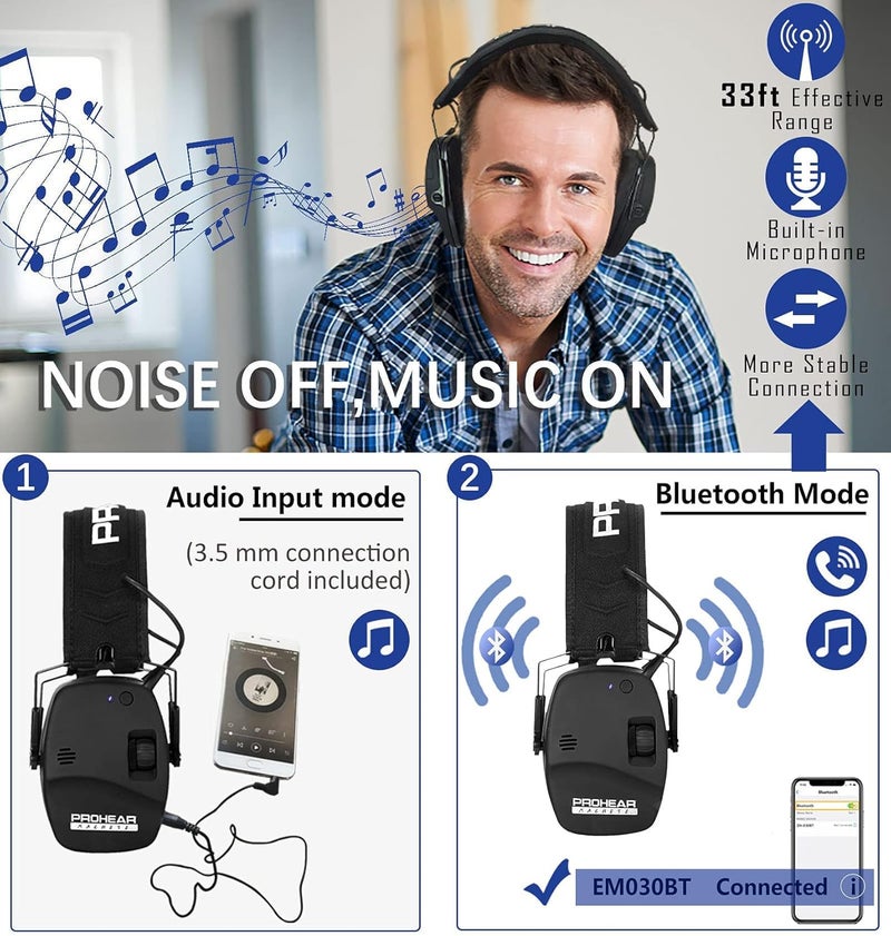 PROHEAR 030 2 Pack Bluetooth 5.4 Electronic Shooting Ear Protection Earmuffs with Foam Ear Pads-Black - Image 5
